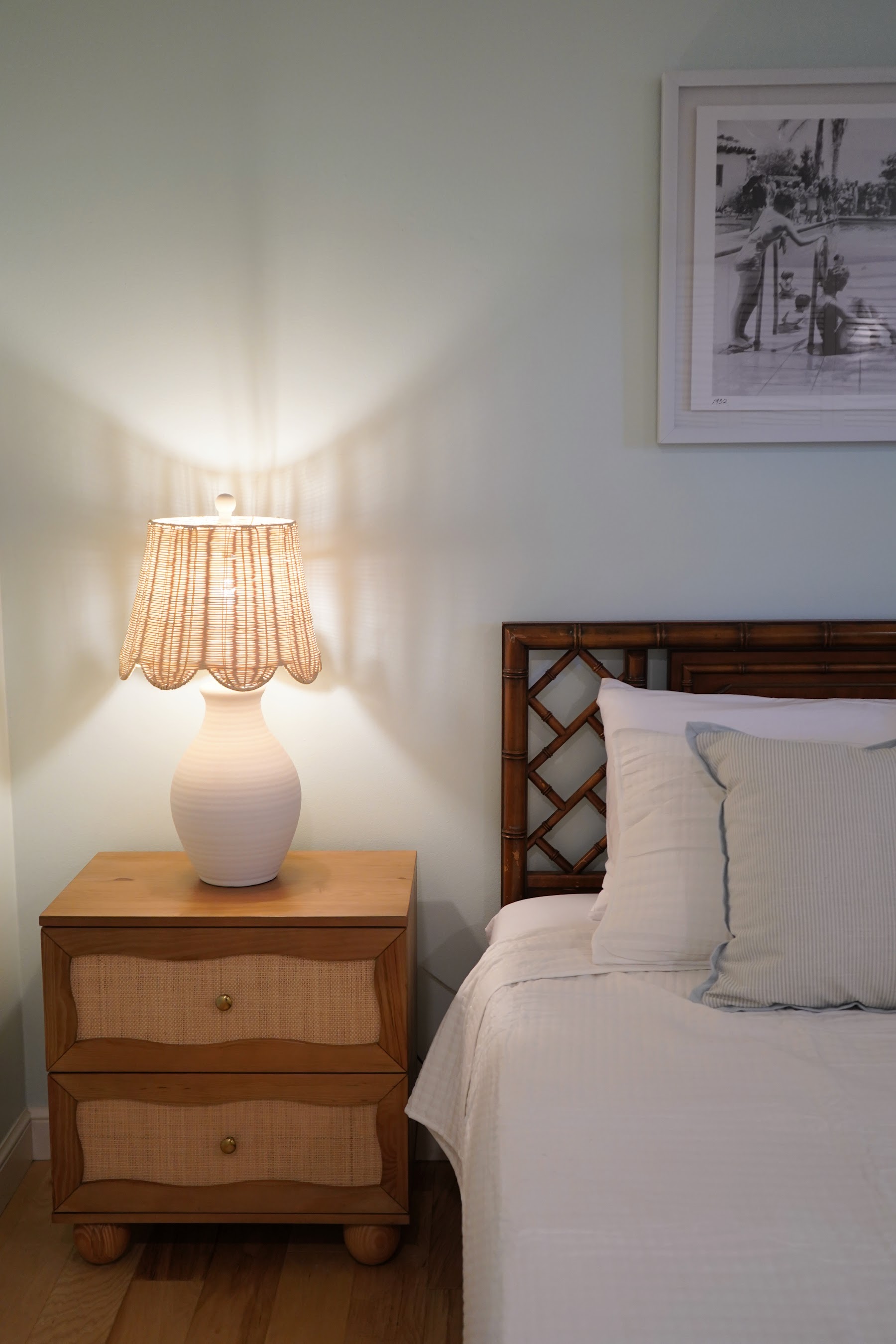 Bedside table and woven lamp