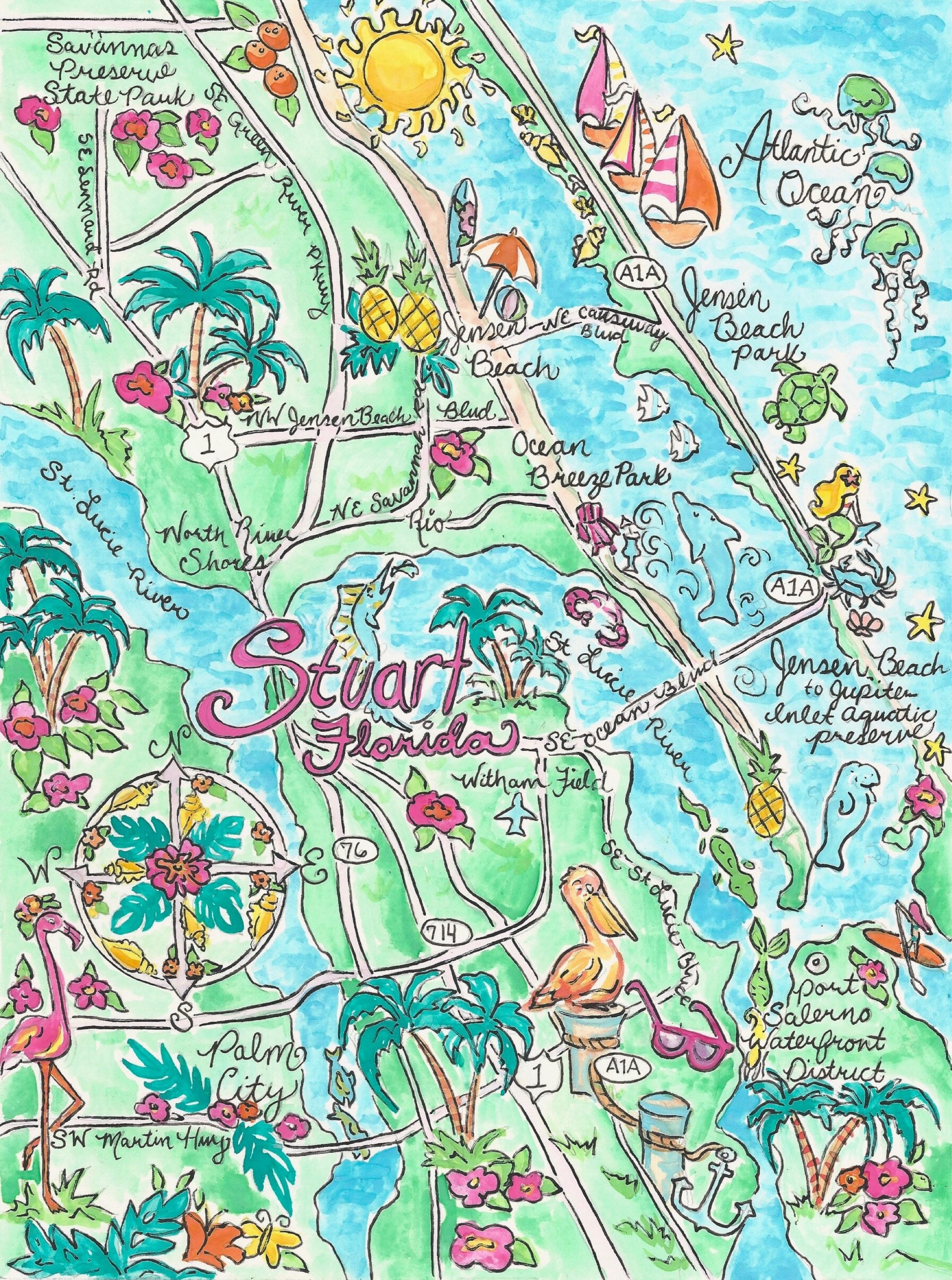 Illustrated map of Stuart, Florida, its waterways, beaches, parks, and nearby coastal landmarks